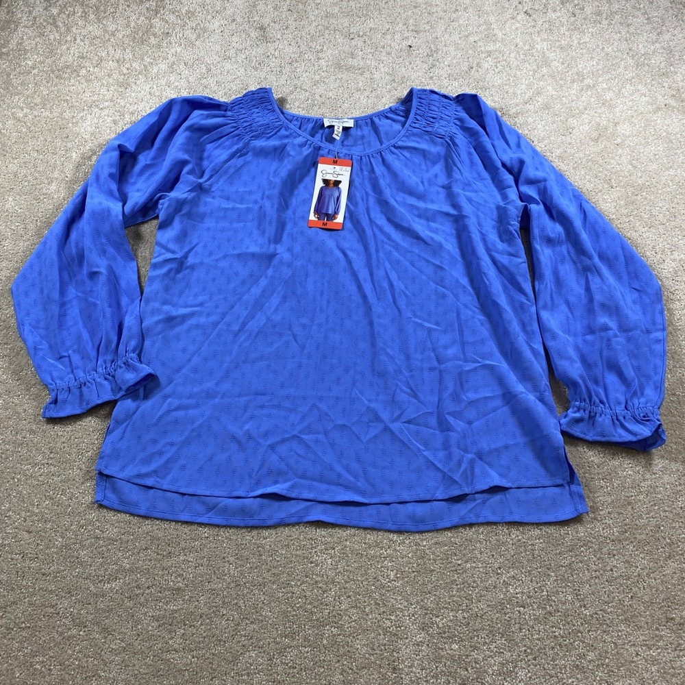 Jessica Simpson Blouse Womens M Blue Dobby Textured Smocked Shoulder Long Sleeve